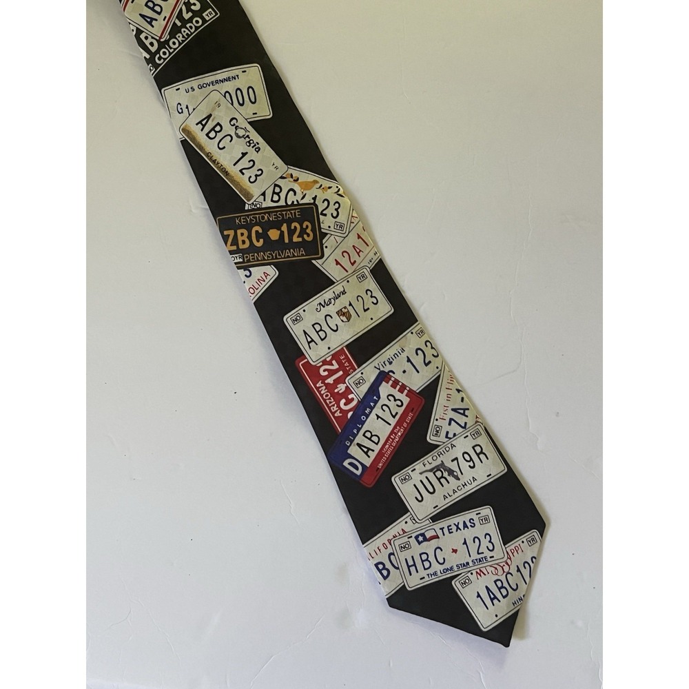 Florence Mens Neck Tie Black w Multicolor State License Plates 56" x 4"